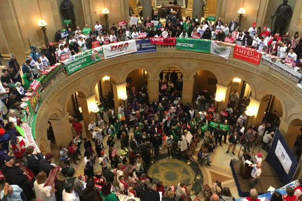 Union members fill the Minnesota Capitol Rotunda